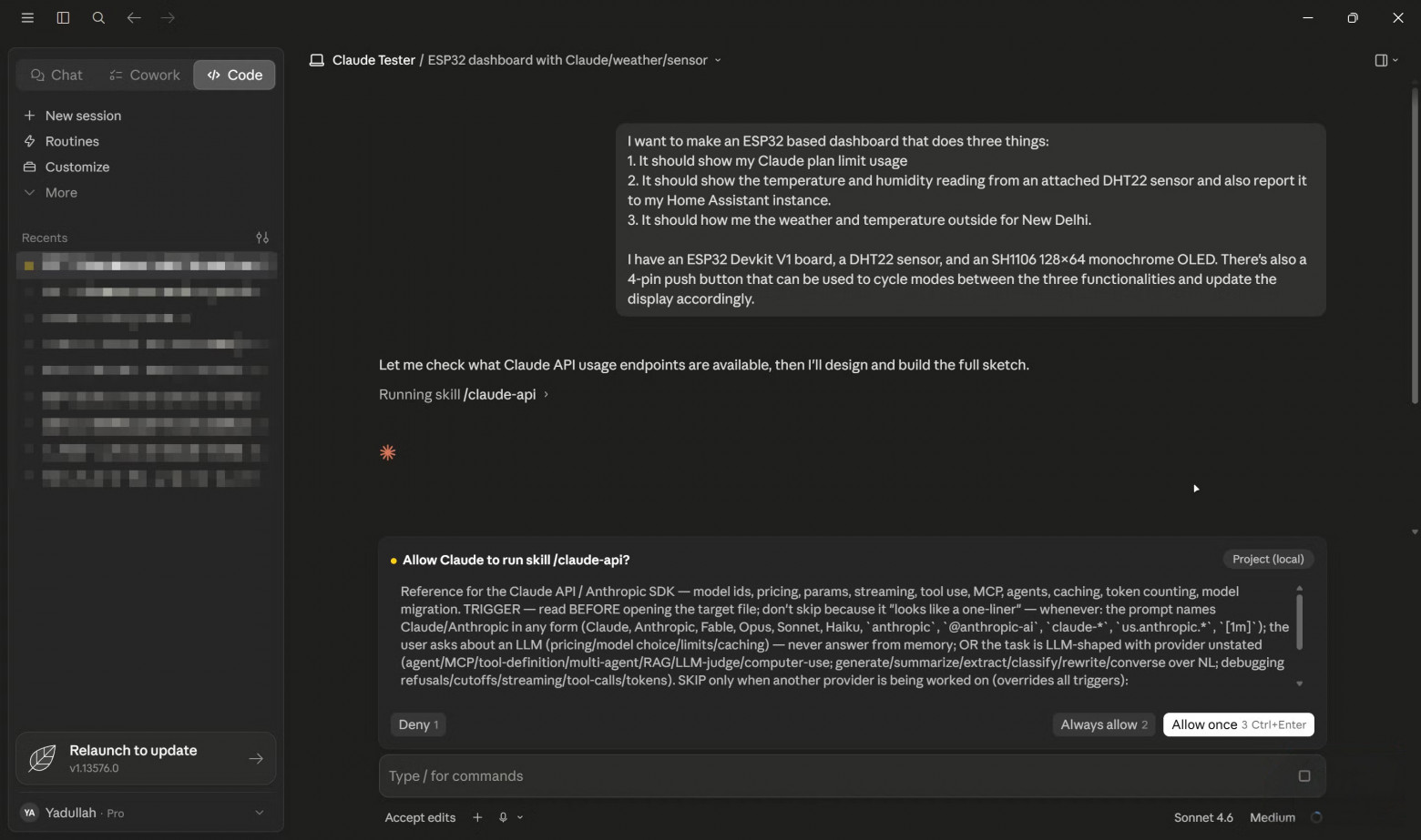 Ответ Claude на первый запрос по проекту ESP32